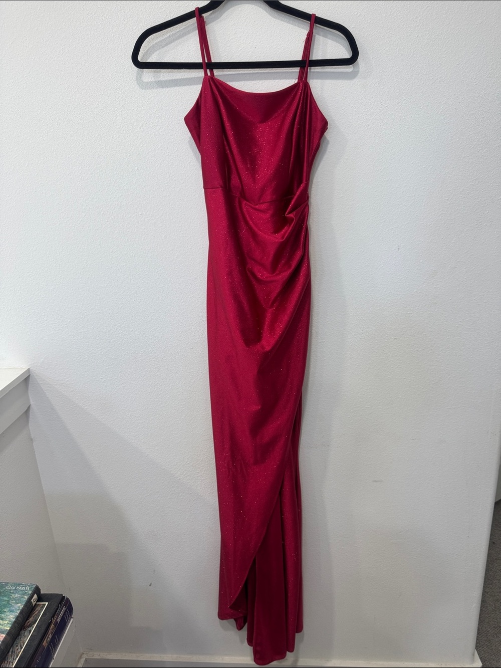 Sparkling Red Draped Maxi Slip Dress with Spaghetti Straps